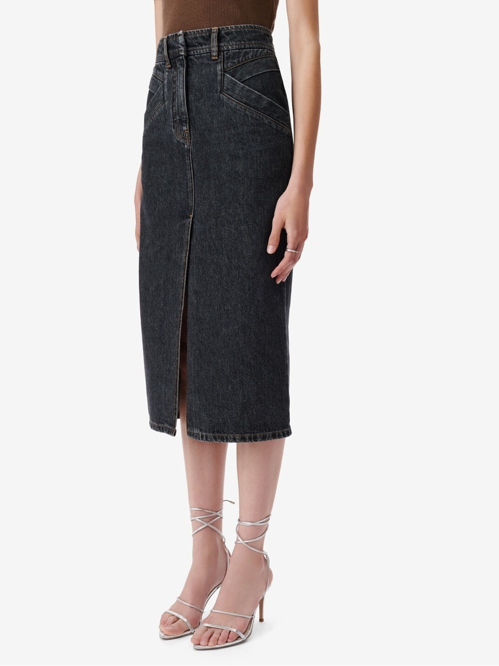 NWT IRO Paris Clarysse Cotton Hemp Denim Slit Pencil Skirt Midi Black Stone 42